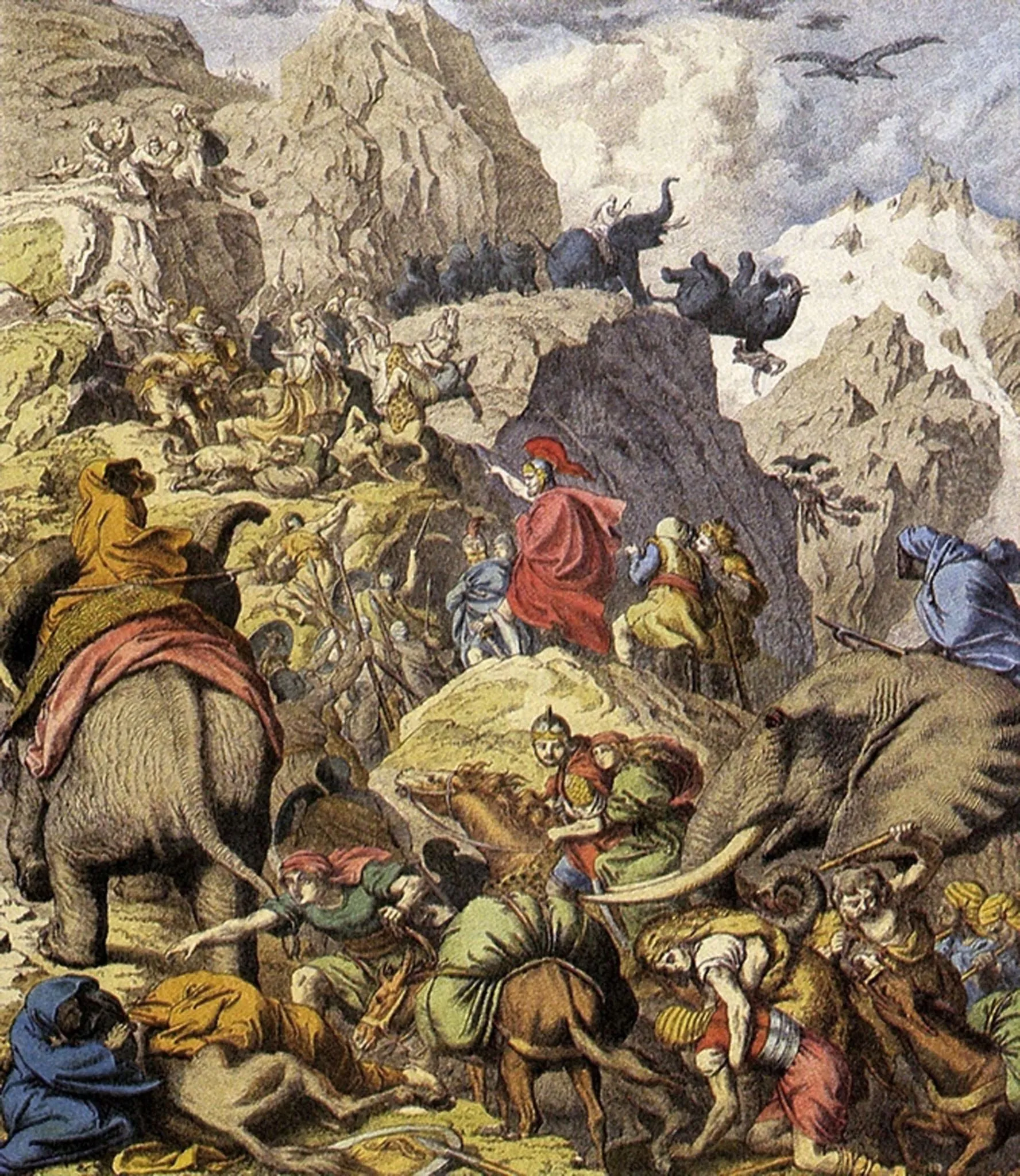 Aníbal atravessando os Alpes com seus elefantes de guerra.